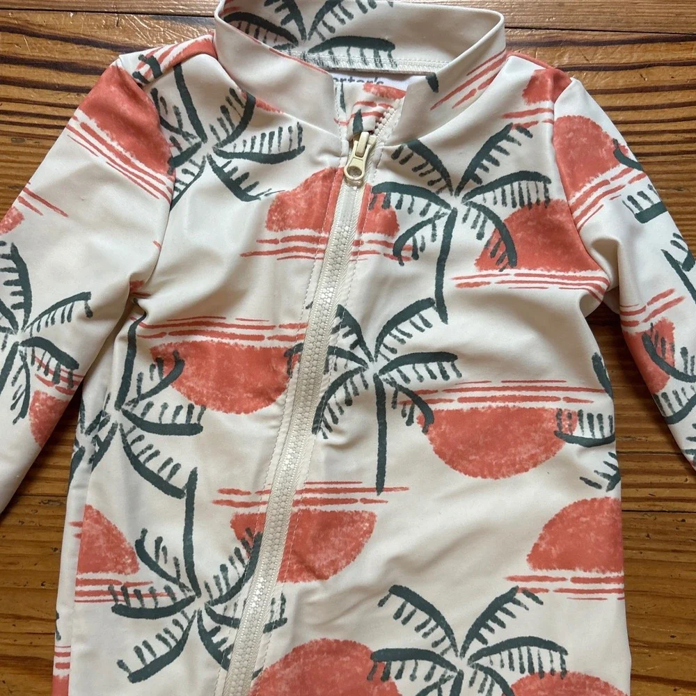 Carter's Rash Guard Baby Boy White Orange Palm Tree Excellent Zipper SIZE 3-6M‎